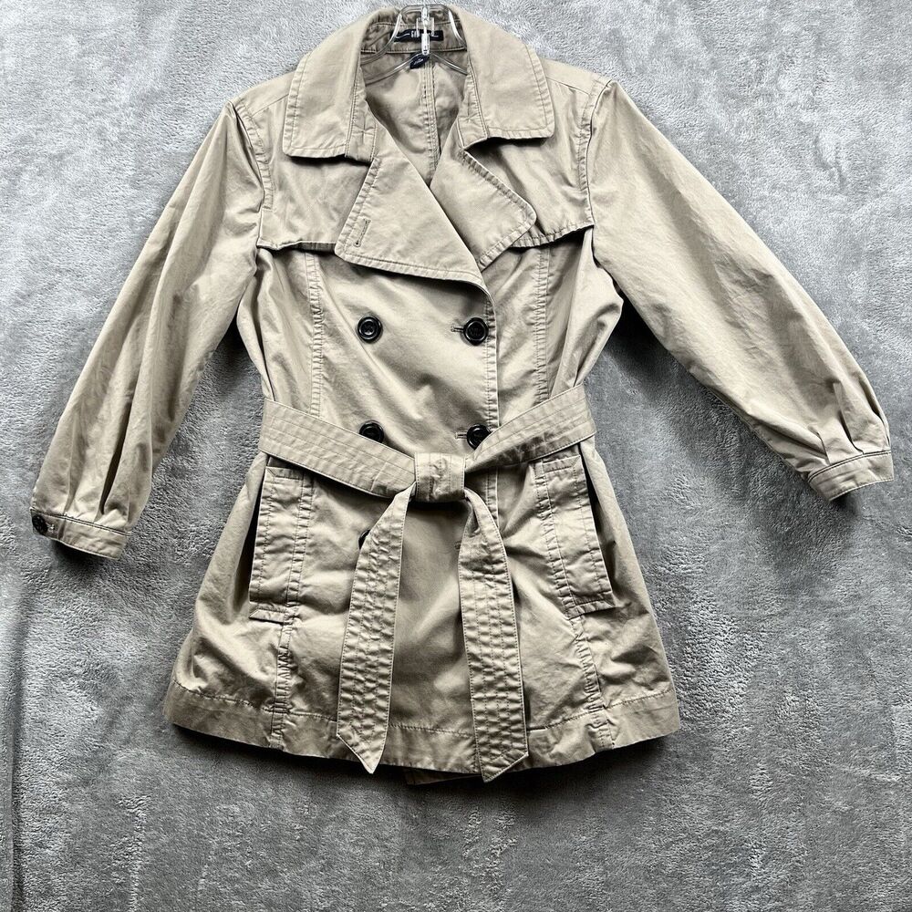Khaki Jacket Double Breasted Beige 3/4 Sleeve 100% Cotton Twill Women's Med